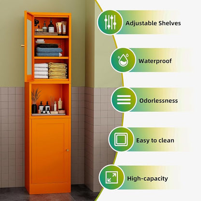 67" Tall Metal Pantry Cabinet with Microwave Stand,Microwave Storage Cabinet with 2 Doors & 3 Adjustable Shelves for Kitchen (2 Glass Doors-Orange, 11.81" D x 15.75" W x 66.93" H)