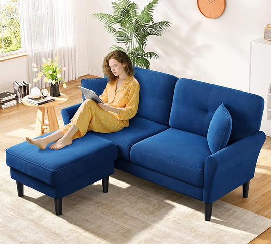 Kidirect Small Sectional Couch, 69" L Shaped Couch, Sectional Sofa, Blue | Comfy Velvet Couch, Tool-Free Setup, 750lb Max Load, Movable Ottoman, Ideal for Living Room, Bedroom, Apartment, Office