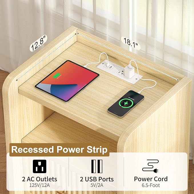 Night Stand with Charger Station - Modern Wood Nightstand with Drawer Storage, Fluted Wide Nightstands Bedside Table, Mid Century Night Stands for Bedroom Home Office Sofa, Natural