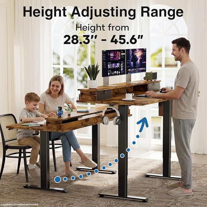 Veken 63x28 in Electric Standing Desk with Drawers, Adjustable Table, Brown | Stand up Computer Desk for Home Office, Work & Study, with Storage, 3 Memory Presets, Cable Organizer, Hook, and Quiet Lift.