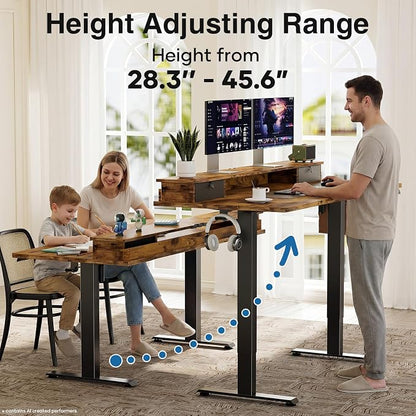 Veken 63x28 in Electric Standing Desk with Drawers, Adjustable Table, Brown | Stand up Computer Desk for Home Office, Work & Study, with Storage, 3 Memory Presets, Cable Organizer, Hook, and Quiet Lift.