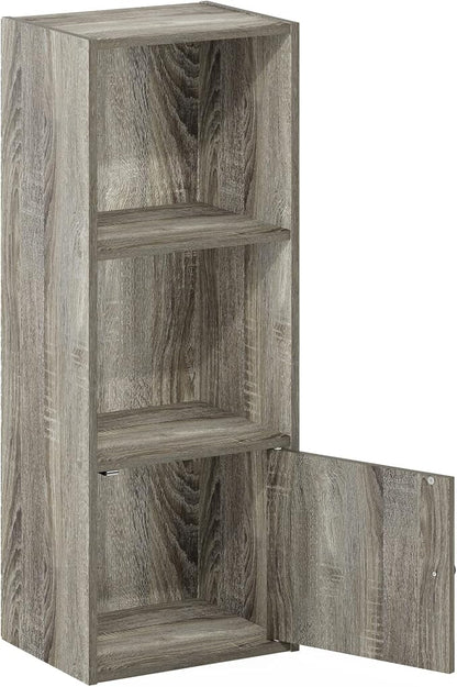 Furinno LUDER Book Shelf, 3-Tier Modern Bookshelf, Bookcase with 1 Door Storage Cabinet, 9.3 x 12 x 31.5, for Organization and Storage, for Living Room, Bedroom, Home Office, French Oak
