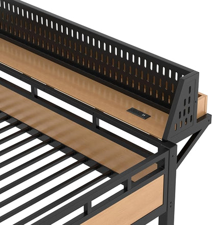 Bellemave Bunk Bed Queen Over Queen，Metal Bunk beds with Storage Shelves USB Ports and LED Lights, Natural