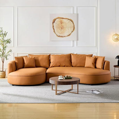 KEIKI 129" Curved Oversized Modular Bonded Leather Sectional Sofa with Left Chaise, 4 Pillows, 3 Back Cushion, Modern Comfy 5-Seater Couch, Easy Assembly, for Apartment, Living Room, Orange