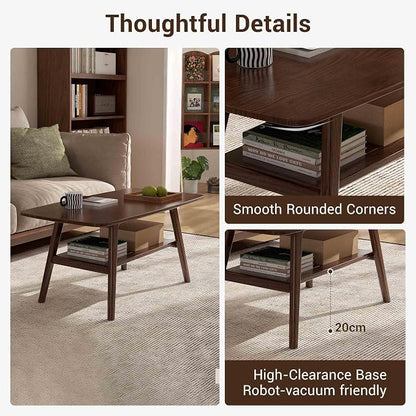 100% Solid Wood Coffee Table for Living Room, 39.37" Mid Century Modern Tables with Shelf Storage, 2-Tier Coffee Table with Rounded Corners (Oak Wood Walnut Color, 39.37" L)