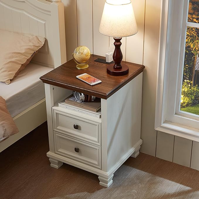 SAVOR LIFE Farmhouse Side Table with Charging Station, Antique Nightstands with Drawers, Bedside Table with Open Shelf for Bedroom, White