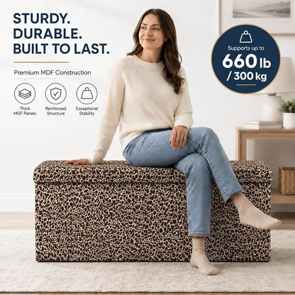 ALASDO 43 Inch Folding Storage Ottoman Bench with Hidden Storage, PU Leather Ottoman Foot Rest Stool, End of Bed Bench for Bedroom, Living Room, Entryway and Closet, Leopard Print