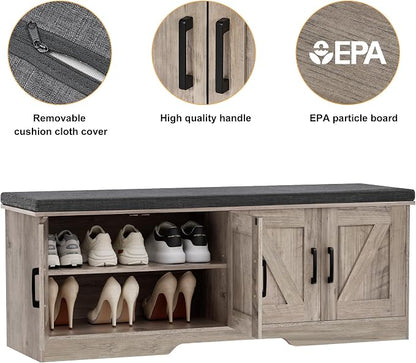 HOMSHO Farmhouse Shoe Storage Bench with 4 Barn Doors & Padded Seat Cushion | 47.2" Wide Entryway Bench with Adjustable Shelves & Hidden Storage, Greige