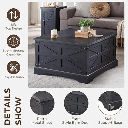 JXQTLINGMU Farmhouse Lift Top Coffee Table with Large Storage, 36" Square Wood Living Room Table with Hidden Compartment, Lift Tabletop Dining Table for Home, Black