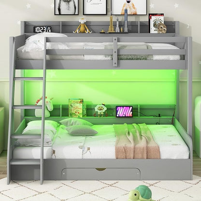 Wood Bunk Bed Twin Over Full Size with Built-in Storage Shelves and Charging Station, Versatile Bunk Bed Frame with Ladder and Guardrail for Kids Teens Adult, Maximize Space (Grey-5.6)