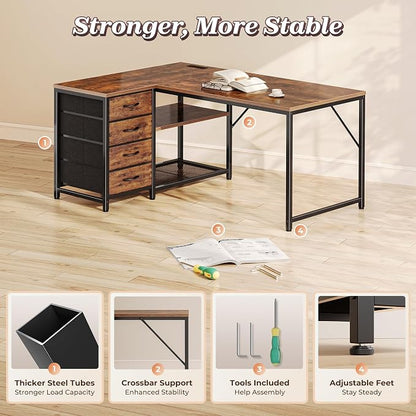 PRAISUN 43.3" Small Computer Desk with Power Outlets & USB-C Port, Reversible L Shaped Corner Office Desk with 4 Fabric Drawers and 2 Adjustable Storage Shelves, for Gaming Writing, Rustic Brown