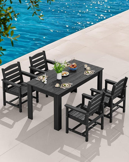 SERWALL HDPE Dining Set for 8: 2 Umbrella Hole Tables + 8 Chairs. for Garden, Backyard, Poolside. Black