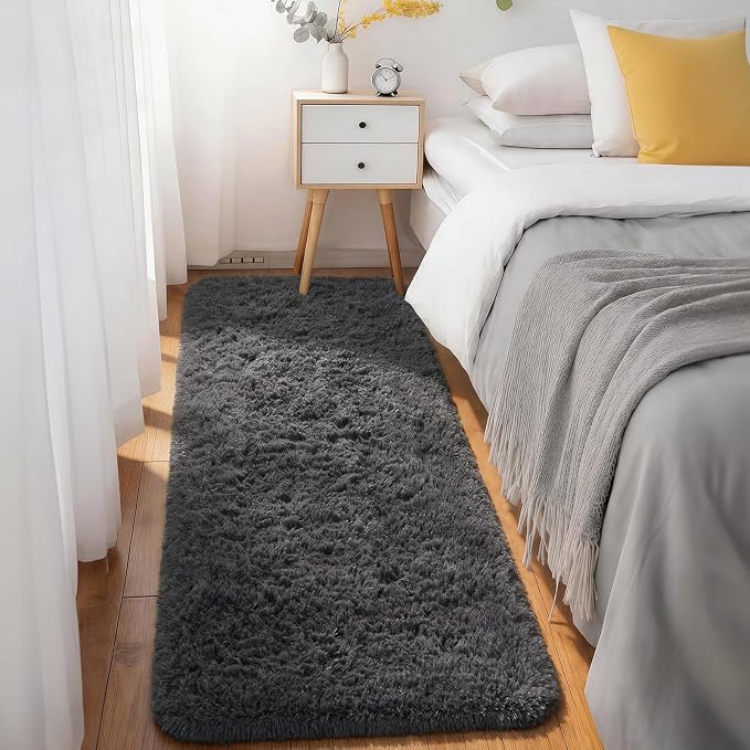 Ophanie Runner Rug for Hallway, 3x6 Washable Non-Slip Fluffy Soft Bedside Rugs, Bedroom Living Room Shaggy Carpet for Kids Girls Boys Dorm Nursery Decor Aesthetic, Grey with Over 99 pcs Pile fibers