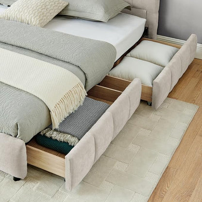 KEIKI King Thick Chenille Bed Frame with 4 Storage Drawer & Upholstered Tufted Headboard, Modern Solid Wood Floor Platform for Bedroom, No Box Spring Needed