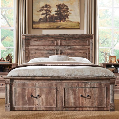 Aitjunz Farmhouse Queen Size Bed Frame with 51" Tall Headboard, Wood Platform Bed Frame with 20" Tall Roman Column Decoration Footboard & 2 Large Storage Drawers, No Box Spring Needed (Light Brown)