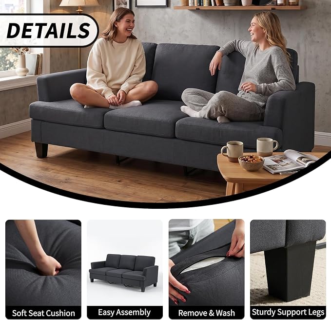 Modern 3 Seater Sofa for Living Room with Soft Deep Seats, Sofa 3 Seater in Linen, Upholstered Apartment Sofa with Armrests, Comfy Cozy Sofas for Bedroom (Linen, Dark Grey)