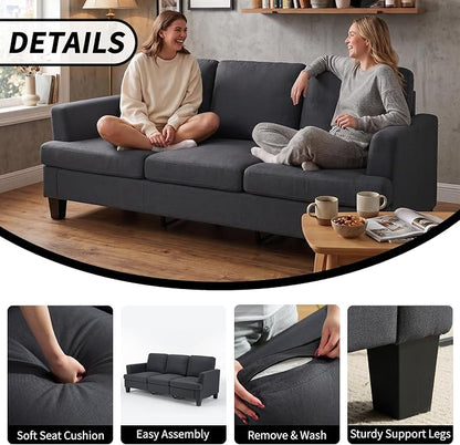 Modern 3 Seater Sofa for Living Room with Soft Deep Seats, Sofa 3 Seater in Linen, Upholstered Apartment Sofa with Armrests, Comfy Cozy Sofas for Bedroom (Linen, Dark Grey)