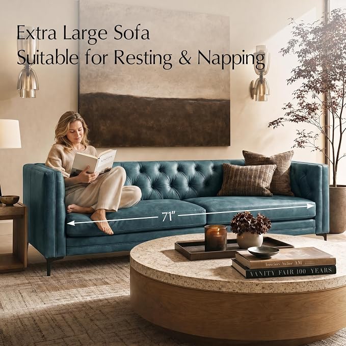 HULALA HOME 84" W Faux Leather Sofa, Mid Century Modern Couch with Metal Legs and Button Tufted, 3 Seater Contemporary Upholstered Couches for Living Room, Entertainment Area, Apartment, Blue