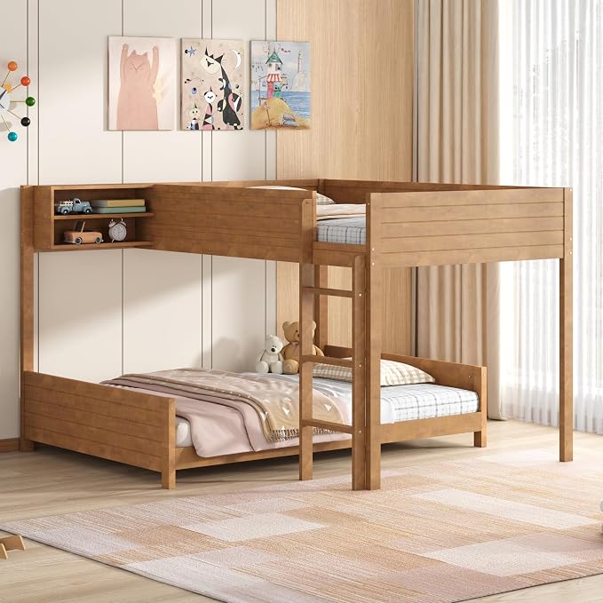 Full XL Over Full XL Bunk Bed with Built-in Storage Shelf & Ladder, Wood Bed Frame with Support Slats, Space-Saving Design, Walnut