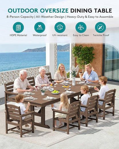 SERWALL 10 Piece 84" HDPE Outdoor Dining Set for 8 with 15ft Double-Sided Umbrella, Brown