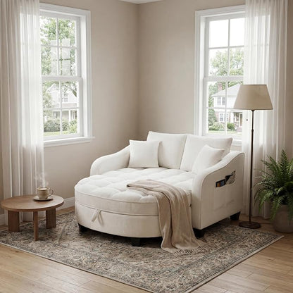 ERYE Chenille Tufted Loveseat Sofa and Ottoman Set, Tufted Recliner Sleeper Chaise Lounge with Curved Storage Ottoman,Reclining Backrest and Side Pockets, 4 Pillows