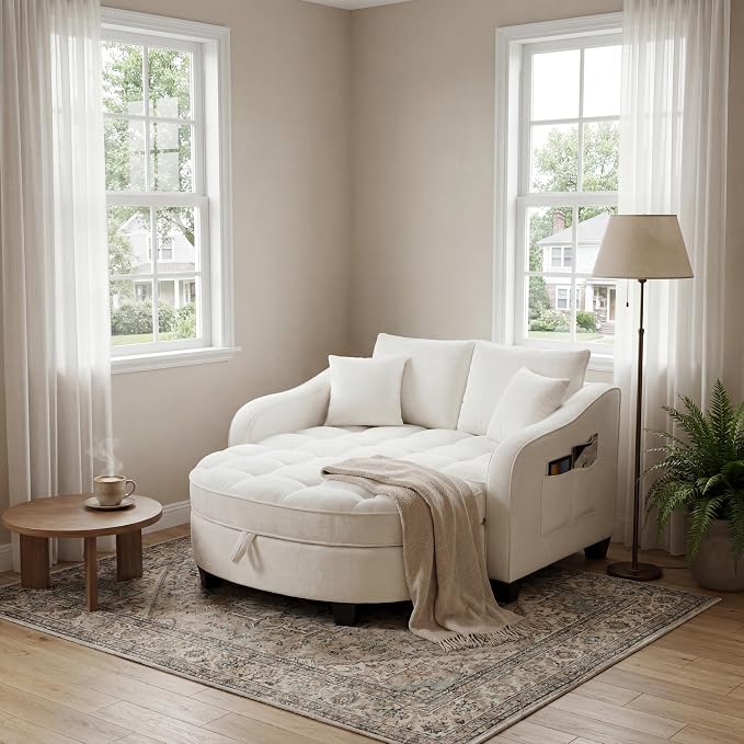 ERYE Chenille Tufted Loveseat Sofa and Ottoman Set, Tufted Recliner Sleeper Chaise Lounge with Curved Storage Ottoman,Reclining Backrest and Side Pockets, 4 Pillows