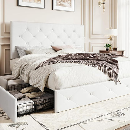 SHA CERLIN Upholstered Queen Platform Storage Bed Frame with 4 Drawers, Adjustable Headboard with Faux Leather Diamond Button Tufted Design, Wooden Slat Support, No Box Spring Needed, White