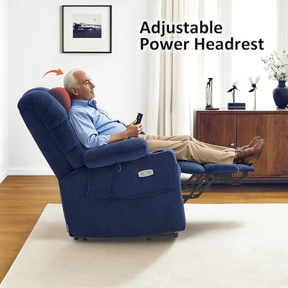MCombo Triple Motor Power Lift Recliner Chair with Massage and Dual Heating, Adjustable Headrest for Elderly People, Fabric 7632 (Navy Blue, Medium)