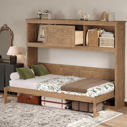 Merax Farmhouse Wood Murphy Bed with Charging Station, Modern Wall Bed with Top Cabinet & Drawer, No Box Spring Needed/Space Saving, Twin, Wood Color