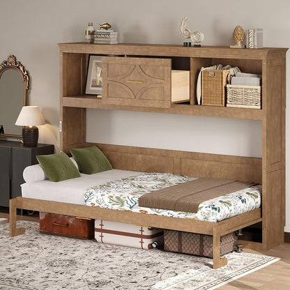 MERITLINE Twin Horizontal Murphy Bed with Storage Bookcase Shelves & Drawer and Charging Station,Solid Wood Farmhouse Murphy Wall Bed with Storage, Slat Support (Natural Wood)