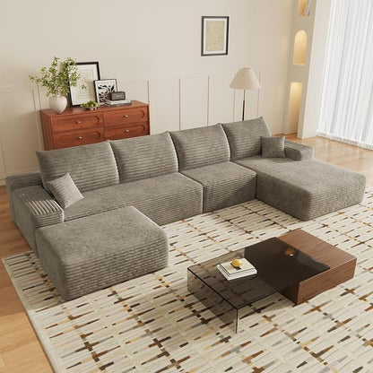 135" U Shaped Boneless Couch with Ottoman, Convertible Sleeper Compression Sofa, Corduroy Couch Sectional for Living Room Bedroom, Deep Seat Foam Cloud Sofas No Assembly, Right Facing Chaise, Camel