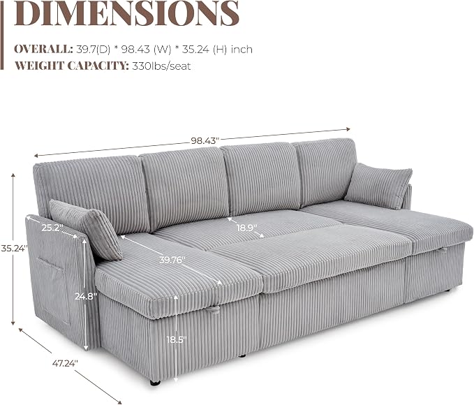 Huatean Home Oversized Sleeper Sofa Couch, 100 inch 2 in 1 Pullout Couch Bed with Side Pockets for Living Room, Sectional Sleeper Sofa Bed with Double Storage Chaise, CloudGrey