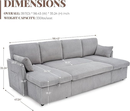 Huatean Home Oversized Sleeper Sofa Couch, 100 inch 2 in 1 Pullout Couch Bed with Side Pockets for Living Room, Sectional Sleeper Sofa Bed with Double Storage Chaise, CloudGrey