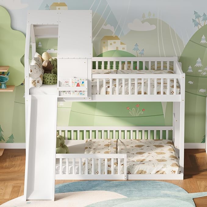 SOFTSEA House Bunk Bed with Slide, Full XL Over Queen Wood Floor Bunk Bed Frame with Roof, Guardrails and Ladder, Space-Saving, White