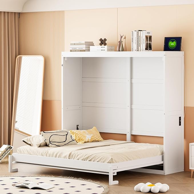 Ball & Cast Full Size Wall Cabinets Murphy Bed with Charging Station and Slat Support,Wood Hideaway Cabinet Platform Beds w/Leg & Lock,can be Folded,Space-Saving,for Small Room,Dorms,White