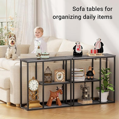WOHOMO Console Table, 11.8 Inch Narrow Entryway Table with 3-Tier Storage Shelves 31.5 Inch Industrial Sofa Table Small Hallway Table for Living Room Grey
