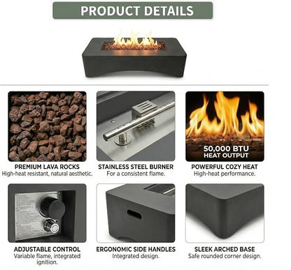56" Propane Fire Pit Table, 50,000 BTU Rectangular Outdoor Gas Fire Pit, Concrete Patio Fire Table with Tank Seat, Lava Rocks & Waterproof Cover for Backyard Deck, Dark Grey