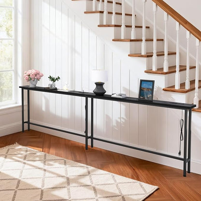 GRLEAF 102" Sofa Table with Built-in Power Strip (4 AC Outlets & 4 USB Ports) – 4.9ft Power Cord, Metal Frame, Easy Assembly, Long Couch Table Behind Sofa, Living Room and Home Office | Black