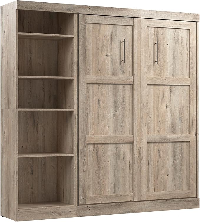Bestar Pur Full Murphy Bed with Shelving Unit, 84-inch Space-Saving Sleeping Arrangement for Multipurpose Room in Rustic Brown
