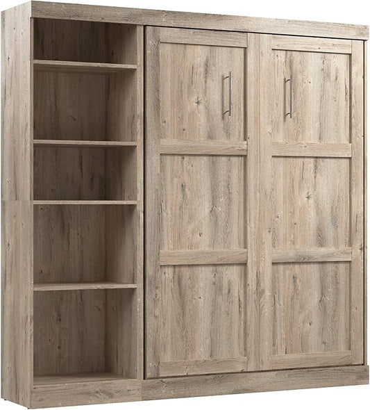 Bestar Pur Full Murphy Bed with Shelving Unit, 84-inch Space-Saving Sleeping Arrangement for Multipurpose Room in Rustic Brown