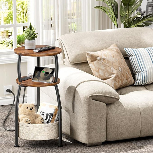 Side Table with Charging Station, Small Round End Table with Basket, USB and Type C Port, 3 Tiers Sofa Couch Table for Living Room Bedroom, Small Spaces, 11.81in Rustic Brown
