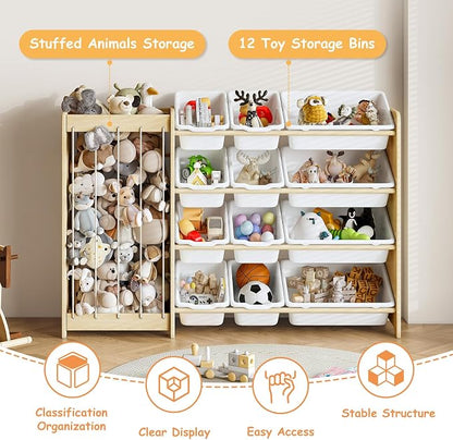 EXPERLAM Kids Toy Storage Organizer, 2-in-1 Stuffed Animal Storage & Toy Organizer w/12 Bins, Solid Wood Toy Rack Featuring Thicker Elastic Ropes to Hold Toys, Playroom Nursery Bedroom Storage, White