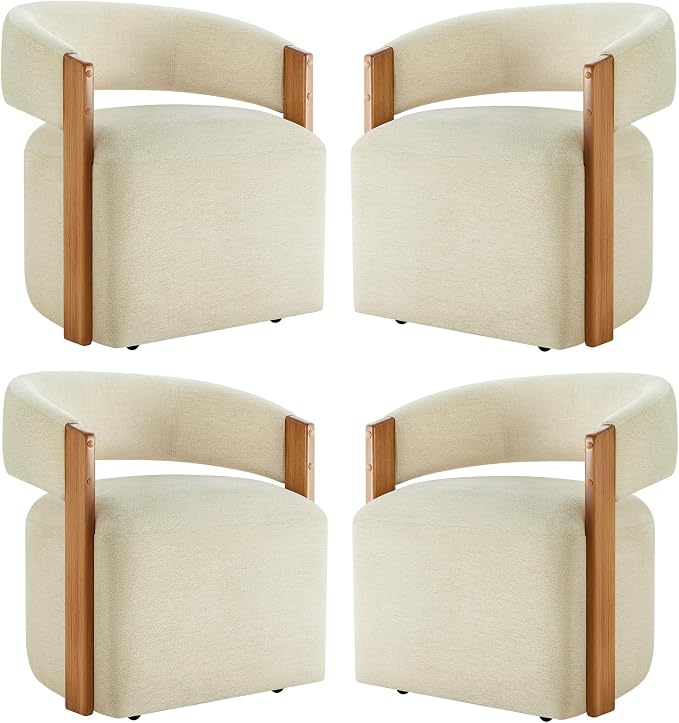 KISLOT Upholstered Dining Chairs Set of 4, Modern Rolling Dining Chairs with Hidden Casters, Wooden Arm Kitchen Chairs with Linen Look Fabric, Padded Barrel Chairs for Dining Room, Kitchen, Sand
