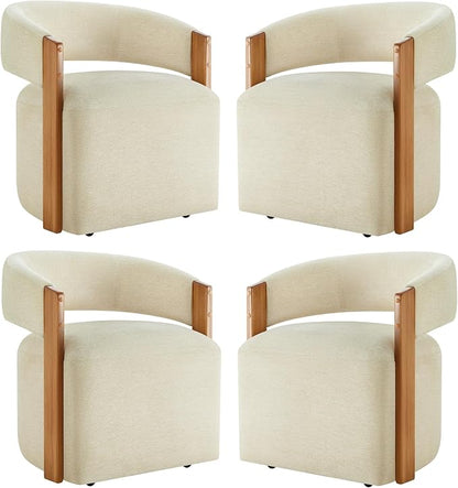 KISLOT Upholstered Dining Chairs Set of 4, Modern Rolling Dining Chairs with Hidden Casters, Wooden Arm Kitchen Chairs with Linen Look Fabric, Padded Barrel Chairs for Dining Room, Kitchen, Sand