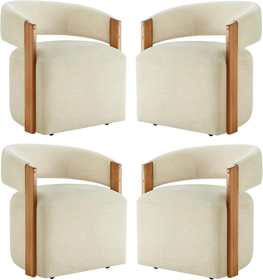 KISLOT Upholstered Dining Chairs Set of 4, Modern Rolling Dining Chairs with Hidden Casters, Wooden Arm Kitchen Chairs with Linen Look Fabric, Padded Barrel Chairs for Dining Room, Kitchen, Sand