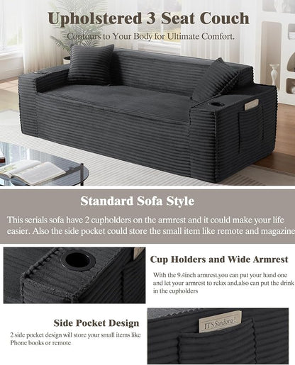 2 Pcs Living Room Cloud Sofa Set, Boneless Sofa Couches with Cup Holder and Side Pocket for Compact Living Rooms, Apartments (Deep Gray, Single Chair + Loveseat)