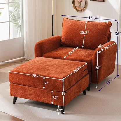 Rexulqo Oversized Accent Chair with Ottoman,All Seats Storage,Comfy Armchair,24.5'' Deep Seat,Upholstered Living Room Chairs,Reading Chair,Lounge Chair for Bedroom,Office,Chenille,Orange