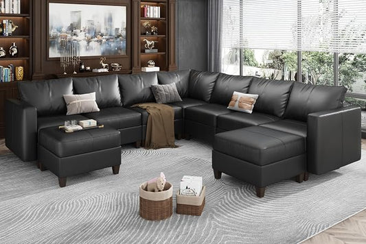 EASE MOOSE Leather Sectional Couch Sofa with Storage,Faux Leather Modualr Sectional Sofa Brown U Shaped Modular Couch，Black