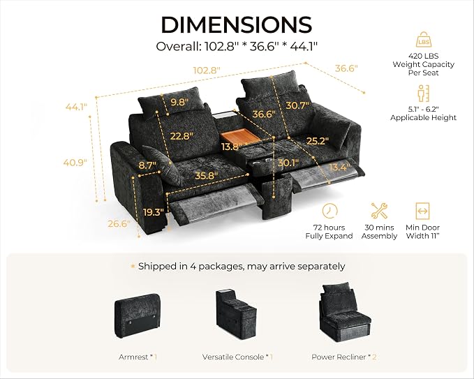 102.8'' Loveseat Power Recliner Sofa with Headrest, Oversized Cloud Modular Sectional Reclining Couch with Table, Storage Drawer, Charging, 2-Seater for RV Home Theater, Chenille, Black