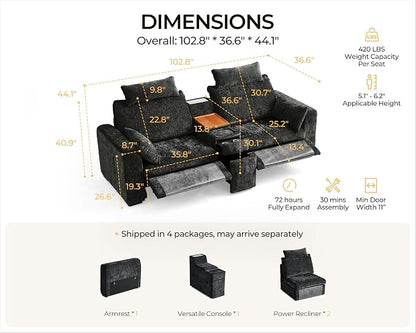 102.8'' Loveseat Power Recliner Sofa with Headrest, Oversized Cloud Modular Sectional Reclining Couch with Table, Storage Drawer, Charging, 2-Seater for RV Home Theater, Chenille, Black